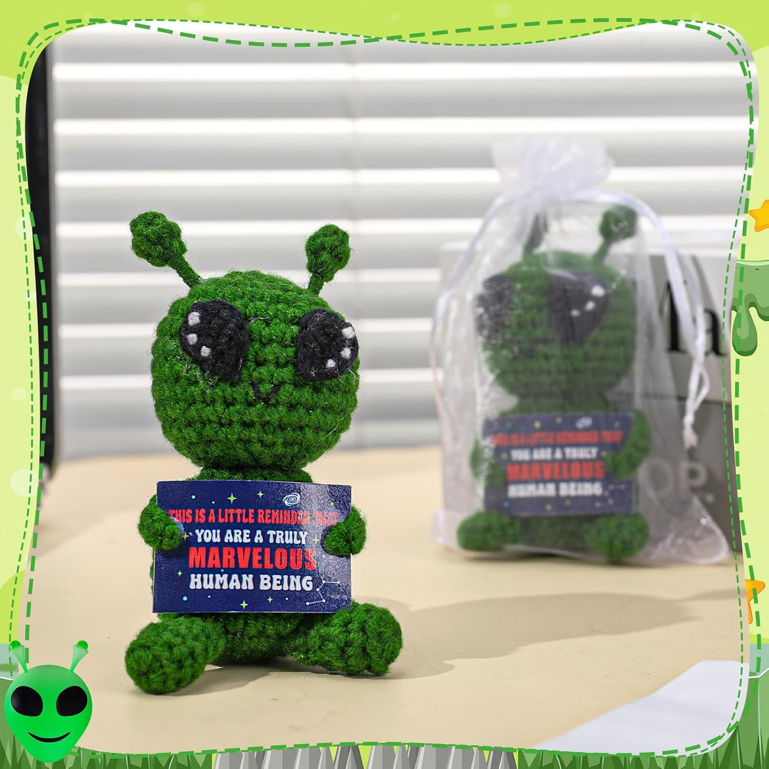 Handmade Crochet Alien Plush with Encouraging Card Gift for Friends Family Teachers and Sci Fi Fans