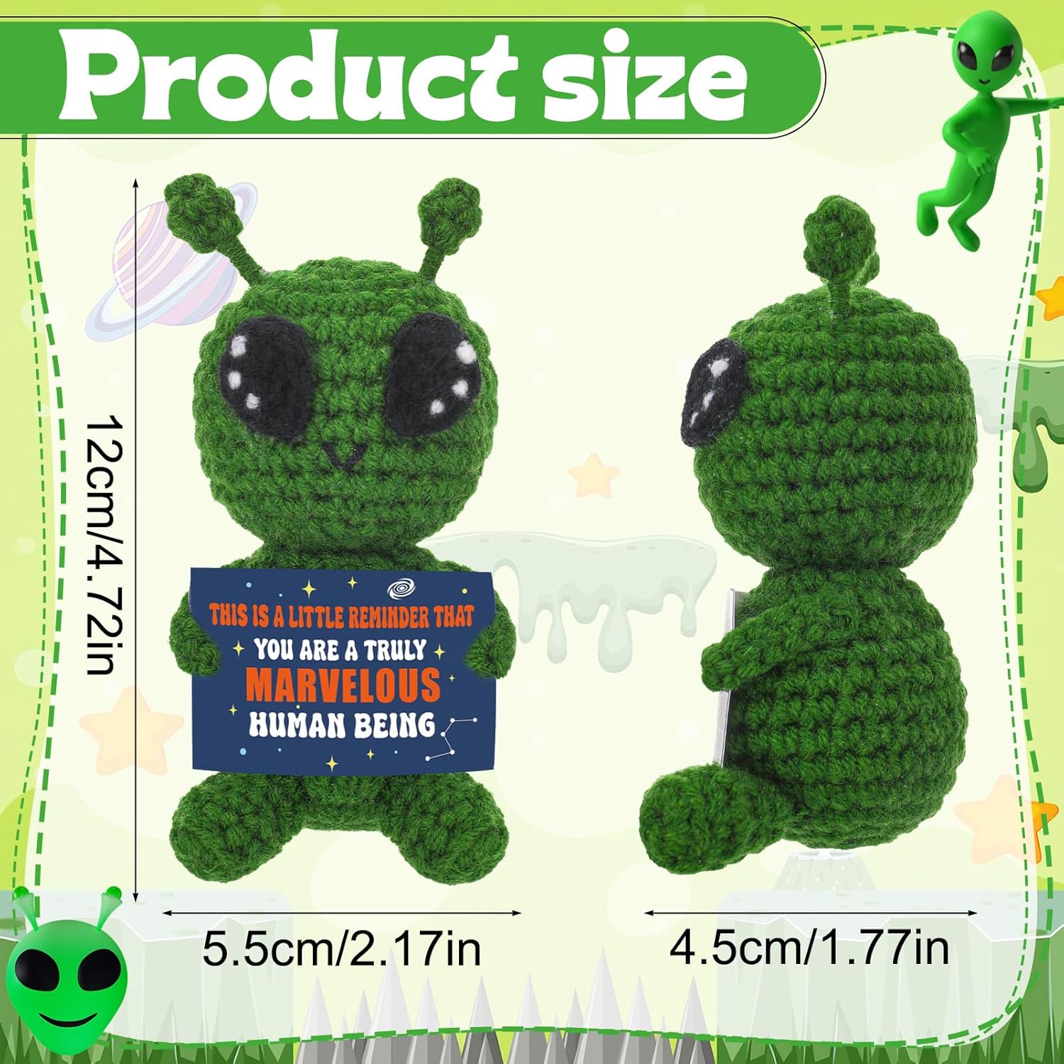 Handmade Crochet Alien Plush with Encouraging Card Gift for Friends Family Teachers and Sci Fi Fans