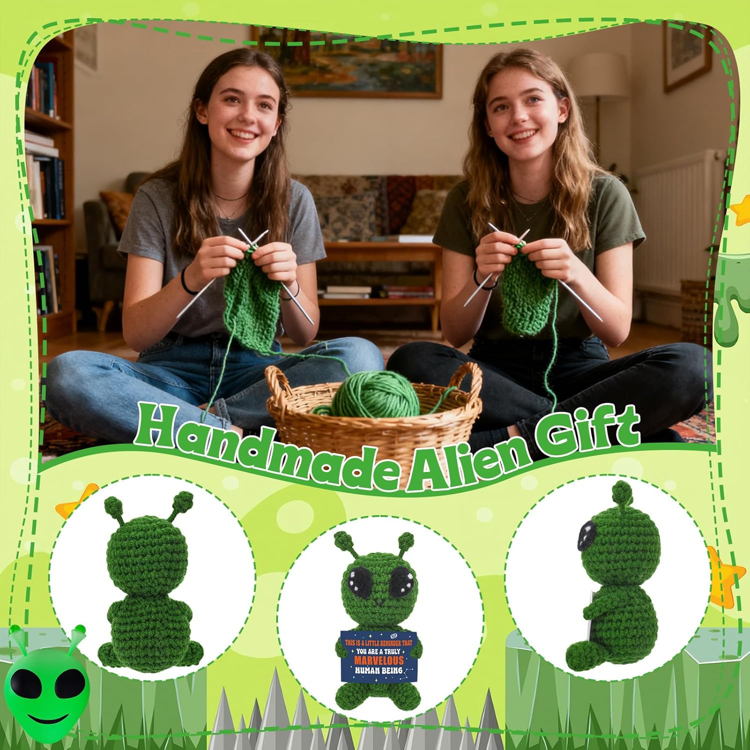 Handmade Crochet Alien Plush with Encouraging Card Gift for Friends Family Teachers and Sci Fi Fans